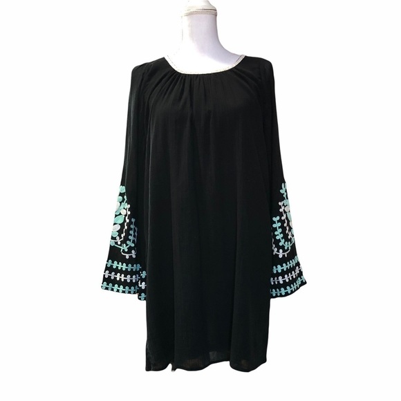 UMGEE - WOMENS BLACK PULLOVER TUNIC/DRESS BELL SLEEVES, EMBROIDERY SZ MED - Picture 1 of 10